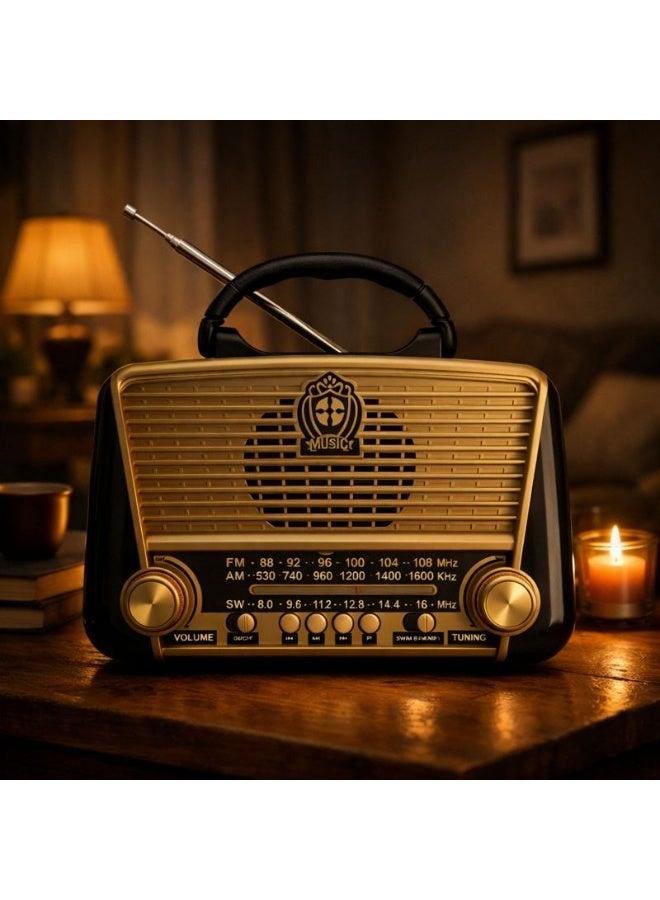 راديو كلاسيكي محمول - 3 موجات FM/AM/SW مع بلوتوث وUSB ومشغل MP3 وكشاف إضاءة - مكبر صوت هاي فاي قابل لإعادة الشحن للمنزل - موديل R-3166BT - Image 2